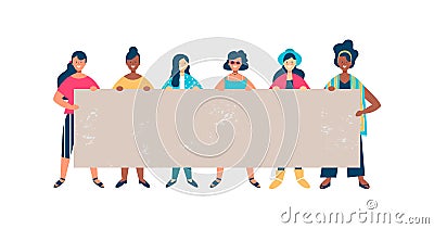 Diverse woman friend group holding empty banner Vector Illustration