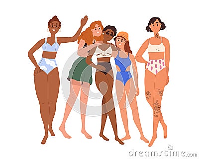 Diverse women in bikini. Different body-positive girls friends in swimsuits portrait. Diversity of beauty concept Cartoon Illustration