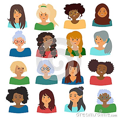 Diverse women with different hairstyles Collection of portraits of girls and old women Set of vector illustration Vector Illustration