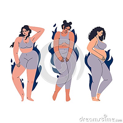 Diverse women in a gray bodycon suit. Young women of different types of figures against a background of blue flames. Vector set of Cartoon Illustration