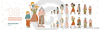 Diverse women lifespan cycle set Cartoon Illustration