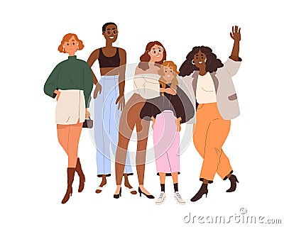 Diverse women portrait. Happy girls friends together. Woman group, community of different race, body, beauty. Sisterhood Vector Illustration