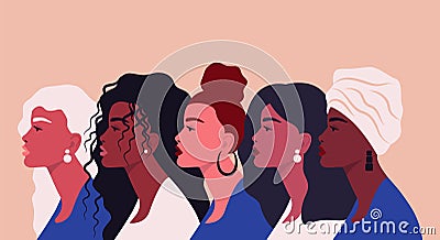 Diverse women profile silhouettes. Black female faces, feminism diversity concept. Girl power vector illustration Vector Illustration