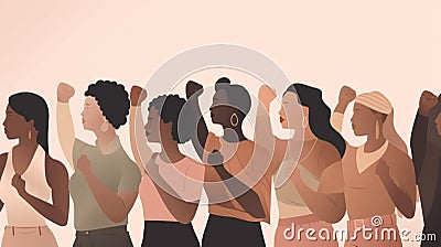 diverse women standing together, holding hands, and raising them up in solidarity Stock Photo