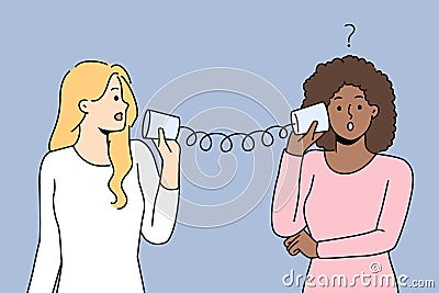 Diverse women talk on tin can telephone Vector Illustration