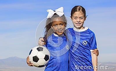 Diverse young girl soccer players Stock Photo