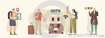 Diverse Young People Check in Five Stars Hotel. Male and Female Tourist Characters Move into Motel for Staying at Night Vector Illustration