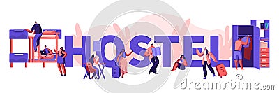 Diverse Young People Living in Hostel. Male and Female Tourist Characters Move into Motel for Staying at Night Cheap Accommodation Vector Illustration