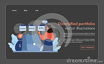 Diversified portfolio presentation with a businesswoman analyzing. Flat vector illustration. Vector Illustration