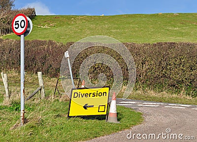 Diversion sign in countryside Stock Photo