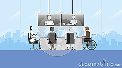 Diversity businesspeople and robot colleague in the office meeting room. Teleconference Vector Illustration