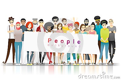 Diversity concept background , group of happy multi ethnic people standing together and holding empty banner Vector Illustration