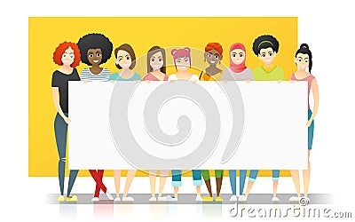 Diversity concept background , group of happy multi ethnic women standing together and holding empty board Vector Illustration