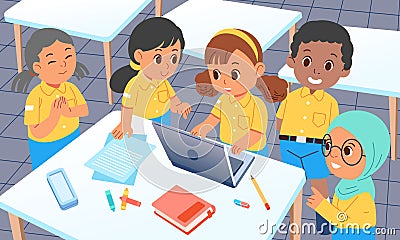 Diversity culture girls and boys are interested and excited to do assignments with laptops in the classroom Vector Illustration