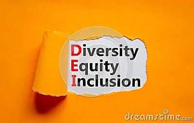 Diversity, equity, inclusion DEI symbol. Words DEI, diversity, equity, inclusion appearing behind torn orange paper. Orange Stock Photo