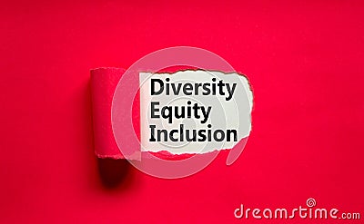 Diversity, equity, inclusion DEI symbol. Words DEI, diversity, equity, inclusion appearing behind torn pink paper. Pink background Stock Photo