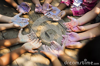 Diversity Group Of Kids Holding Hands in Circle Chalk Stock Photo