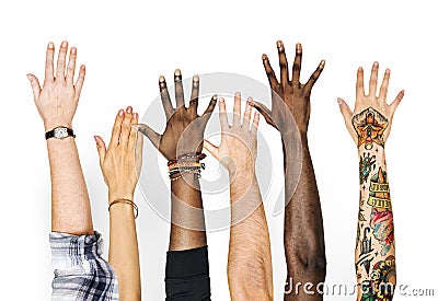 Diversity hands raised up gesture Stock Photo