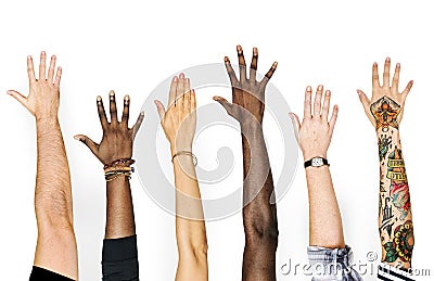 Diversity hands raised up gesture Stock Photo