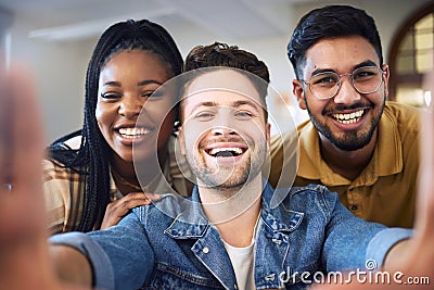 Diversity, happy students or friends selfie for social media, exam success or comic picture in classroom. Education Stock Photo