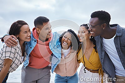 Diversity, hug and friends at a beach, happy and smile while bonding in nature on mockup background. Embrace, men and Stock Photo