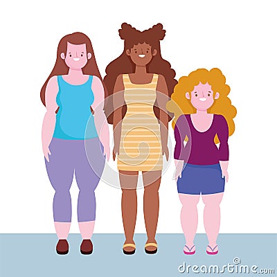 Diversity and inclusion, women short, tall stature and curvy body woman Vector Illustration