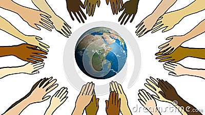 Diversity interconnection hands around earth, ecology concept. White background Stock Photo