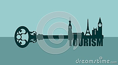 Diversity monuments of Europe, famous landmark as part of the key. Vector Illustration