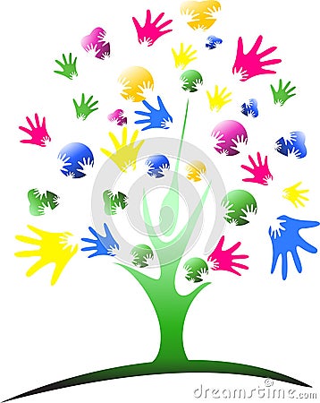 Diversity multi-ethnic hand tree over stripe pattern background Stock Photo