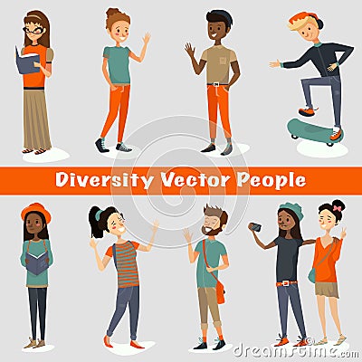 Diversity people vector illustration of a group of young adults talking, smiling, laughing, reading, traveling, taking selfies. Vector Illustration
