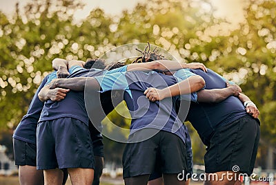 Diversity, team and men huddle in sports for support, motivation or goals outdoors. Man sport group and rugby scrum Stock Photo