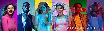 Diversity. Youth with different emotions. Set of portraits of young excited multiethnic people on multicolored Stock Photo