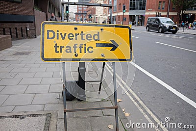 Diverted traffic sign in Bristol city centre Editorial Stock Photo