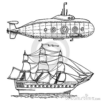 Dives from Military Submarine or underwater boat with periscope to deep sea. cruise ship or Sailboat illustration Vector Illustration