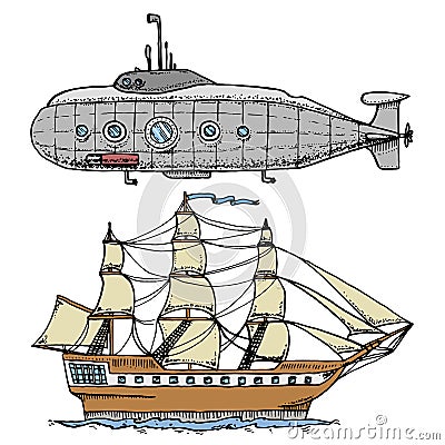 Dives from Military Submarine or underwater boat with periscope to deep sea. cruise ship or Sailboat illustration Vector Illustration