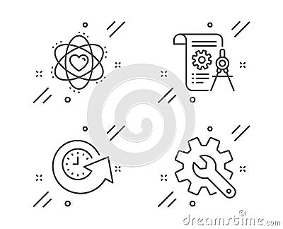 Divider document, Update time and Atom icons set. Customisation sign. Report file, Refresh watch, Electron. Vector Vector Illustration