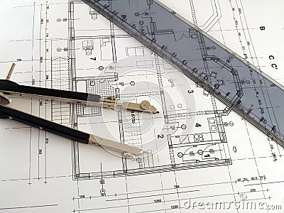 Divider and ruler on architectural plan Stock Photo