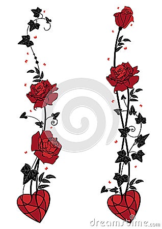 Dividers with roses, heart, butterflies and ivy Vector Illustration
