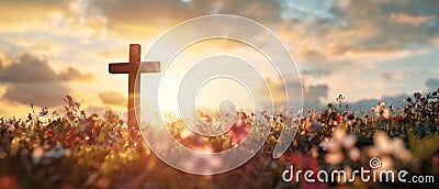 Divine Ascension: The Symbol of the Cross in Radiant Sunlight Against a Serene Autumn Landscape Stock Photo