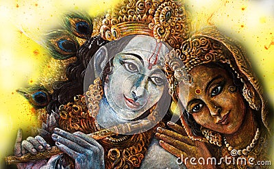 Divine couple krishna and radha togerher, painting illustration Cartoon Illustration