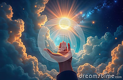 Divine hand reaching toward celestial light. Creation depicted. Omnipotent hand in act of forming universe. Vast sky clouds Stock Photo