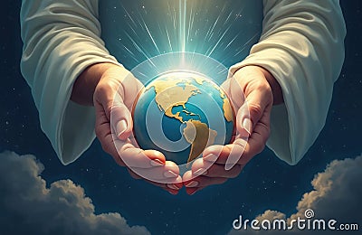 Divine hands hold earth. Omnipotent deity holds world in caring hands. Heavenly light shines around. Celestial creation. Universe Stock Photo