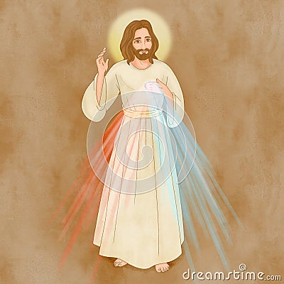 Divine Mercy of Jesus character, rays of light are emanating from her sacred heart Vector Illustration