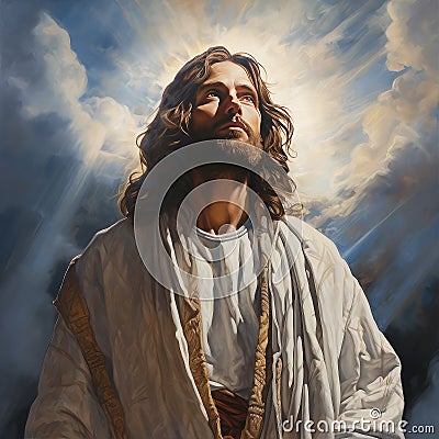 Divine Mercy of Jesus God of Christian handsome Jesus Generative AI technology. Stock Photo