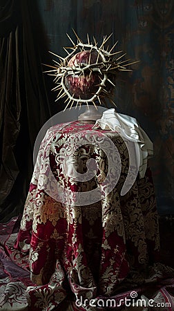 Divine Presence: Eucharist and Sacred Transformation with Crown of Thorns and Portrait of Jesus Christ Stock Photo