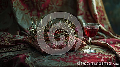 Divine Presence: Eucharist and Sacred Transformation with Crown of Thorns and Portrait of Jesus Christ Stock Photo