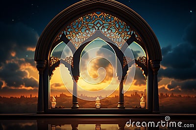Divine Ramadan Eid Mubarak Mosque silhouette, lantern, radiant background Stock Photo