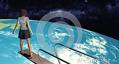 Diving board over earth. Stock Photo