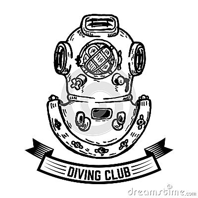 Diving club. Hand drawn vintage diver helmet. Design element for logo, label, design. Vector Illustration