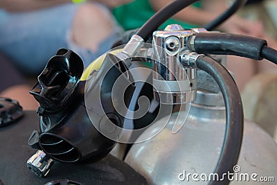 Diving equipment. Preparation of diving equipment. mouthpiece close-up. Stock Photo